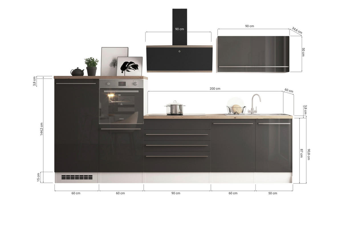KÜCHENBLOCK 320 cm   in Grau  - Wildeiche/Edelstahlfarben, Design, Holzwerkstoff/Kunststoff (320cm) - Respekta