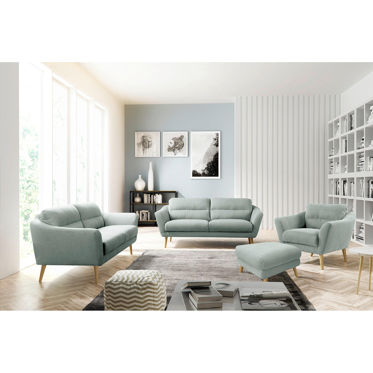 HOCKER Webstoff Hellblau  - Buchefarben/Hellblau, Design, Holz/Textil (61/49/65cm) - Livetastic