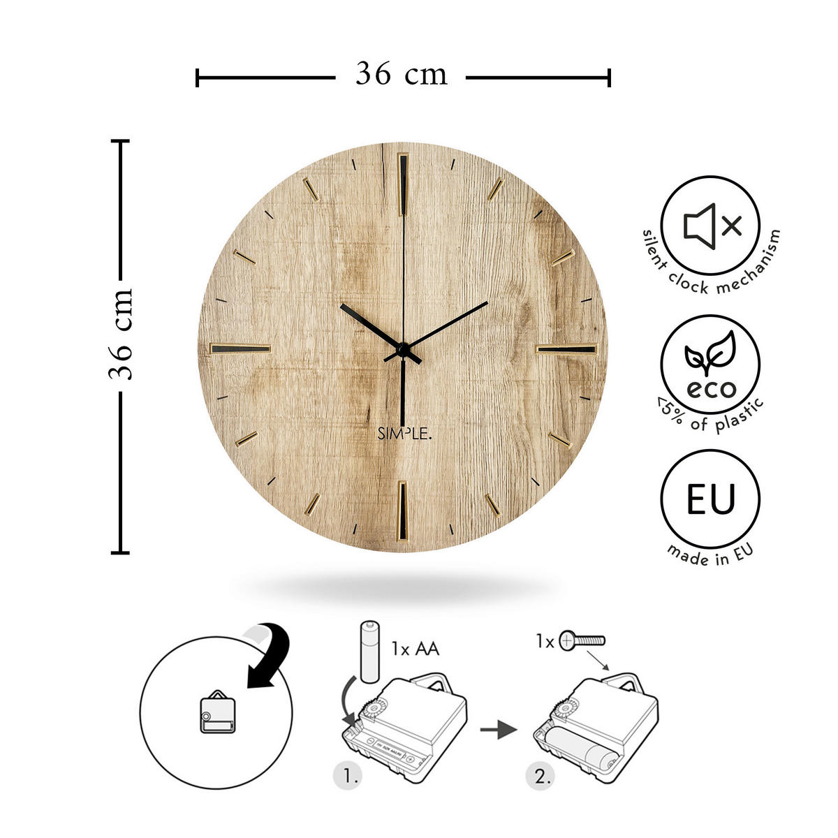 WANDUHR Schwarz, Eichefarben 36/37/5 cm  - Eichefarben/Schwarz, Basics, Holz/Kunststoff (36/37/5cm)