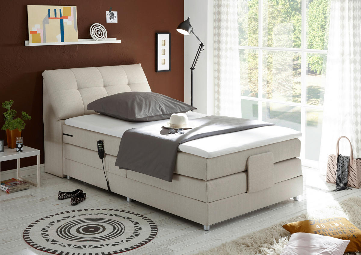 BOXSPRINGBETT 120/200 cm,  in Creme, Matratze, Bettkasten, Topper, motorische Verstellbarkeit, H2 = mittel  - Silberfarben/Creme, Design, Kunststoff/Textil (120/200cm) - Esposa