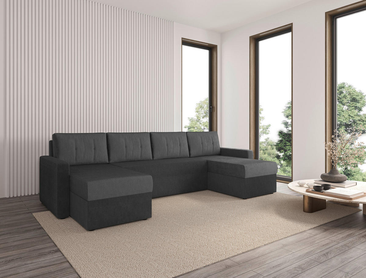WOHNLANDSCHAFT Anthrazit Cord  - Anthrazit/Schwarz, KONVENTIONELL, Kunststoff/Textil (152/290/152cm) - Ti'me