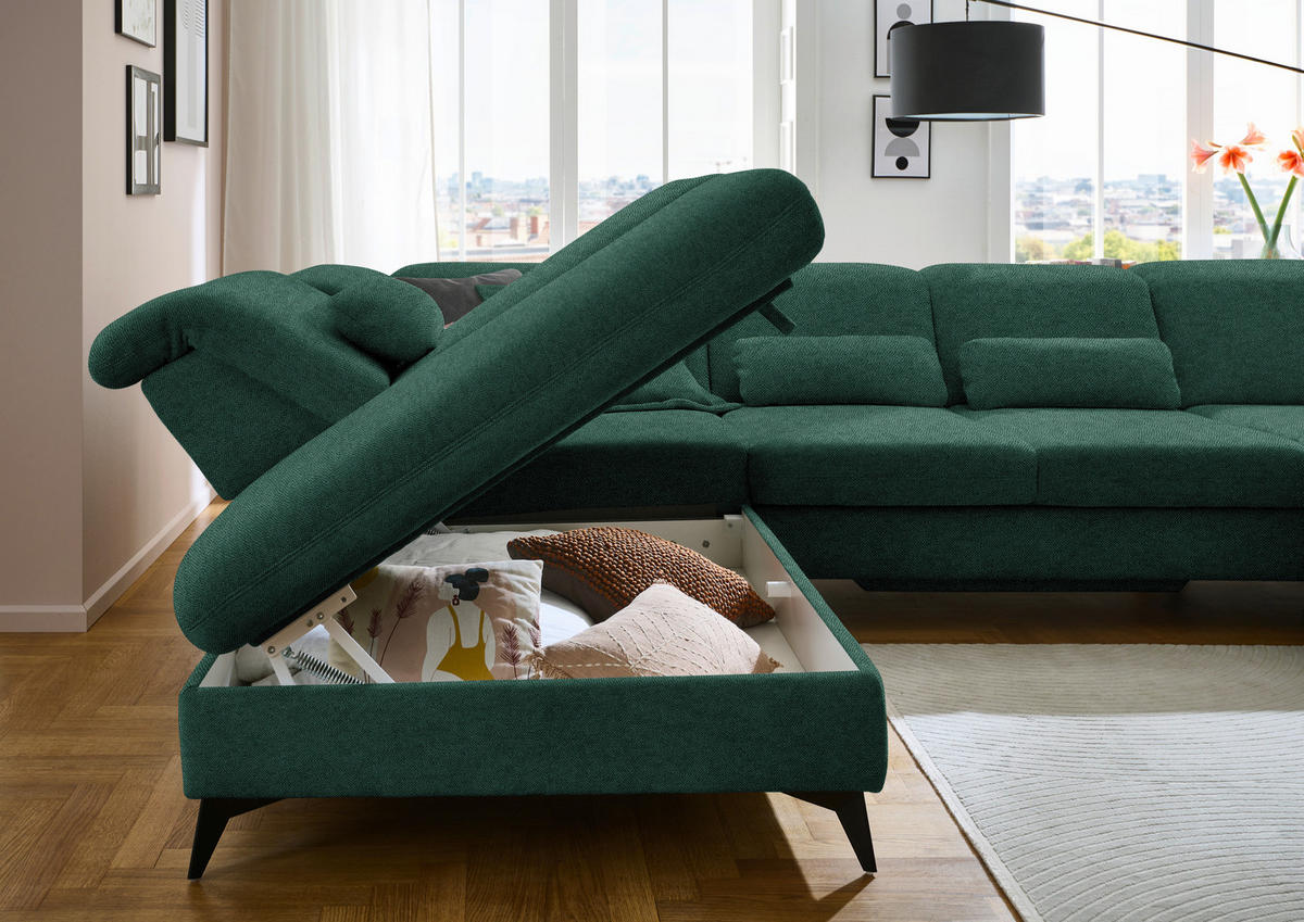 WOHNLANDSCHAFT Chenille Waldgrün  - Waldgrün/Schwarz, Design, Textil/Metall (255/369/198cm) - Beldomo Style