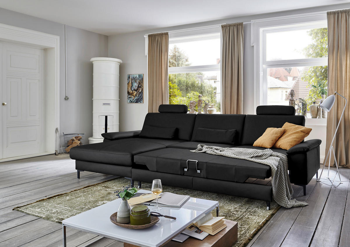 ECKSOFA in Echtleder Schwarz  - Schwarz, Design, Leder/Metall (176/334cm) - Dieter Knoll