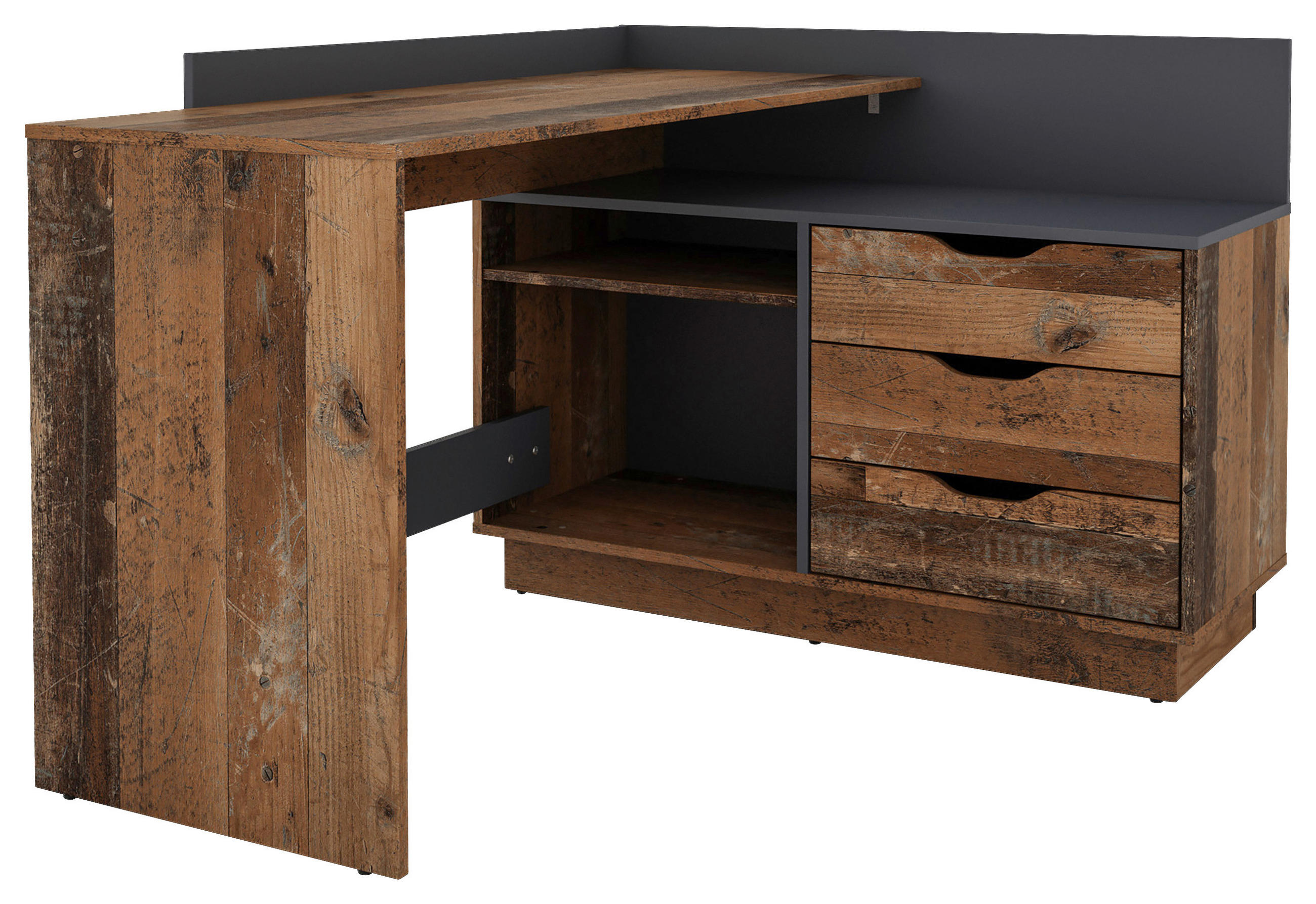 ECKSCHREIBTISCH 129/105/83,5 cm Anthrazit, Alteiche Stauraum, seitenverkehrt montierbar, in verschiedenen Holzarten erhältlich, Regal  - Alteiche/Anthrazit, KONVENTIONELL, Holzwerkstoff (129/105/83,5cm) - MID.YOU