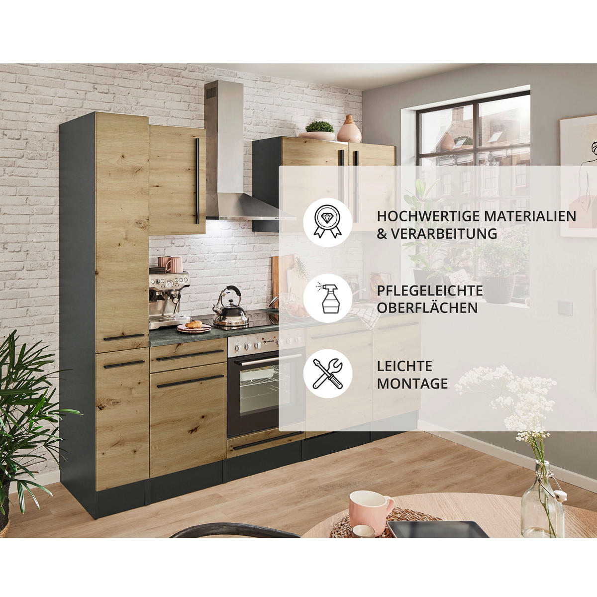 KÜCHENBLOCK   in Anthrazit, Eiche Artisan  - Anthrazit/Schwarz, LIFESTYLE, Holzwerkstoff/Kunststoff (250cm) - MID.YOU