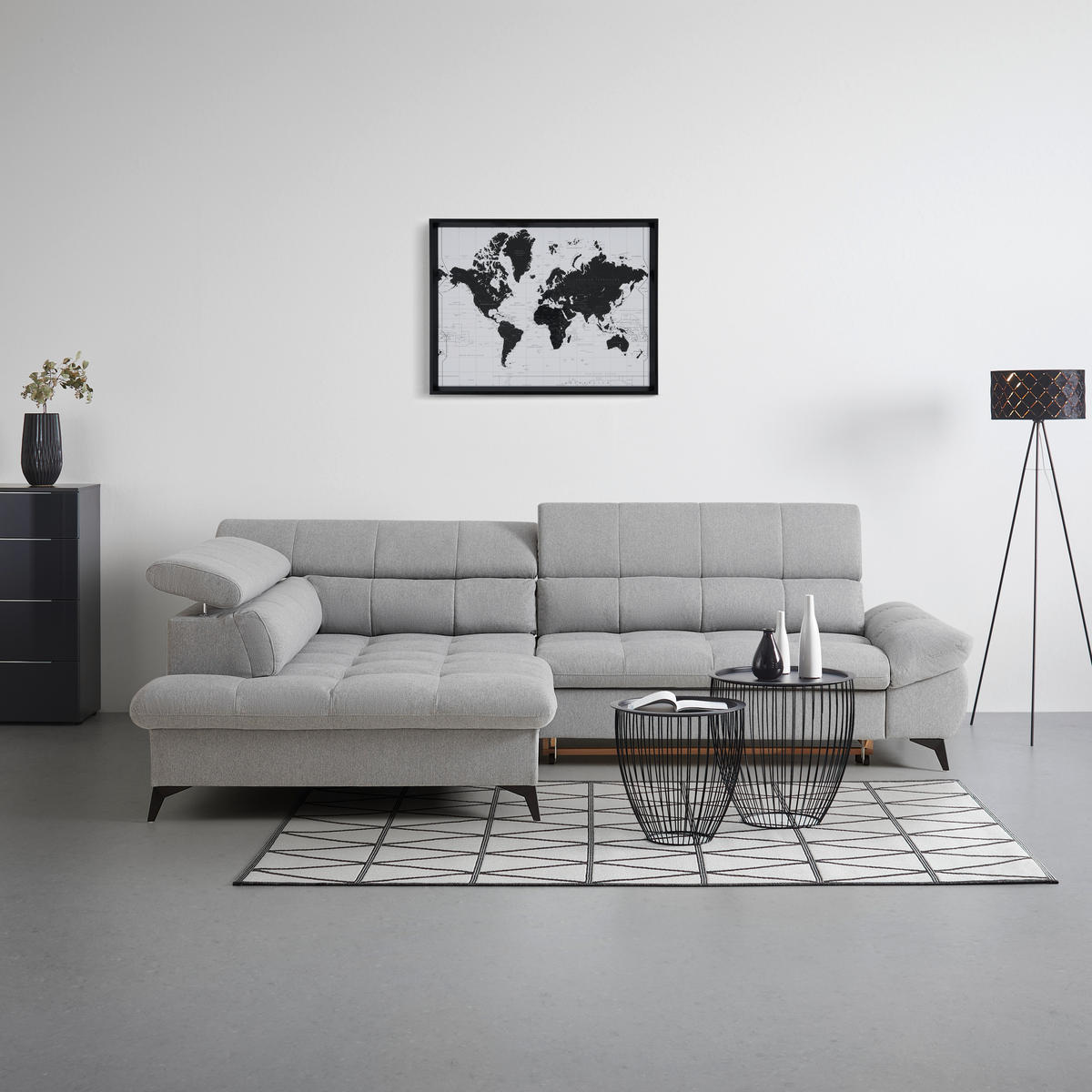 ECKSOFA in Chenille Hellgrau  - Hellgrau/Schwarz, Modern, Textil/Metall (201/296cm) - Livetastic