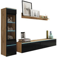 WOHNWAND 3-teilig  in Eiche Wotan, Schwarz Hochglanz 210/130/33 cm  - Schwarz Hochglanz/Eiche Wotan, Lifestyle, Glas/Holzwerkstoff (210/130/33cm) - P & B