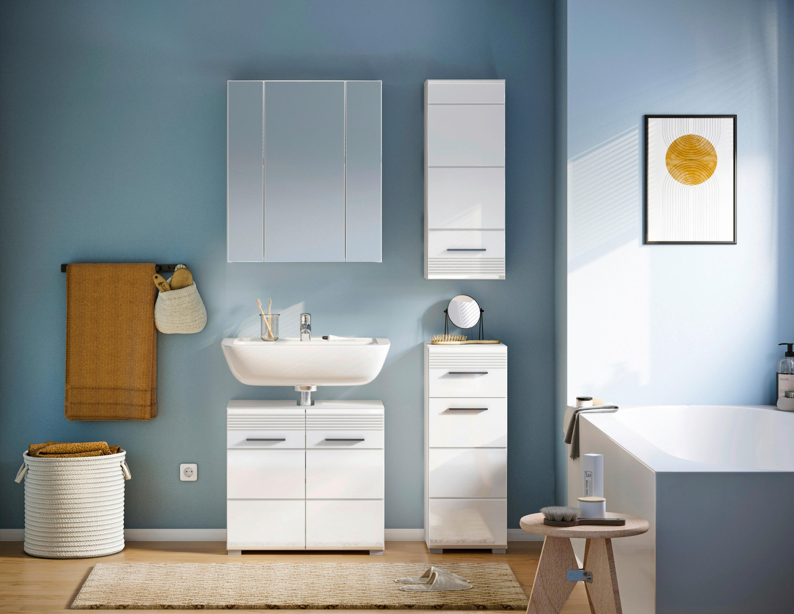 BADEZIMMER 4-teilig  in 90 cm  - Weiß Hochglanz/Silberfarben, MODERN, Glas/Holzwerkstoff (90cm) - MID.YOU