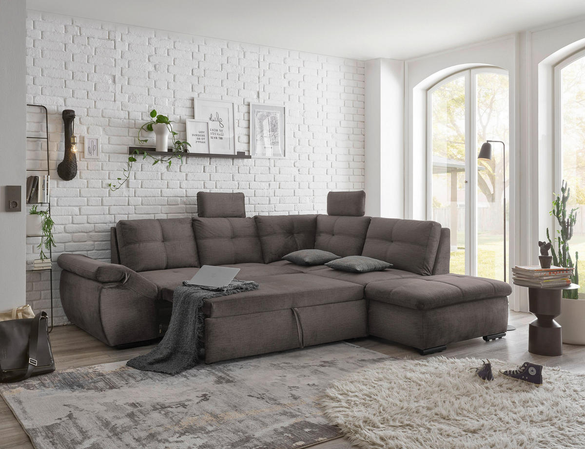 ECKSOFA in Mikrovelours Graubraun  - Graubraun/Schwarz, Konventionell, Kunststoff/Textil (265/217cm) - Carryhome