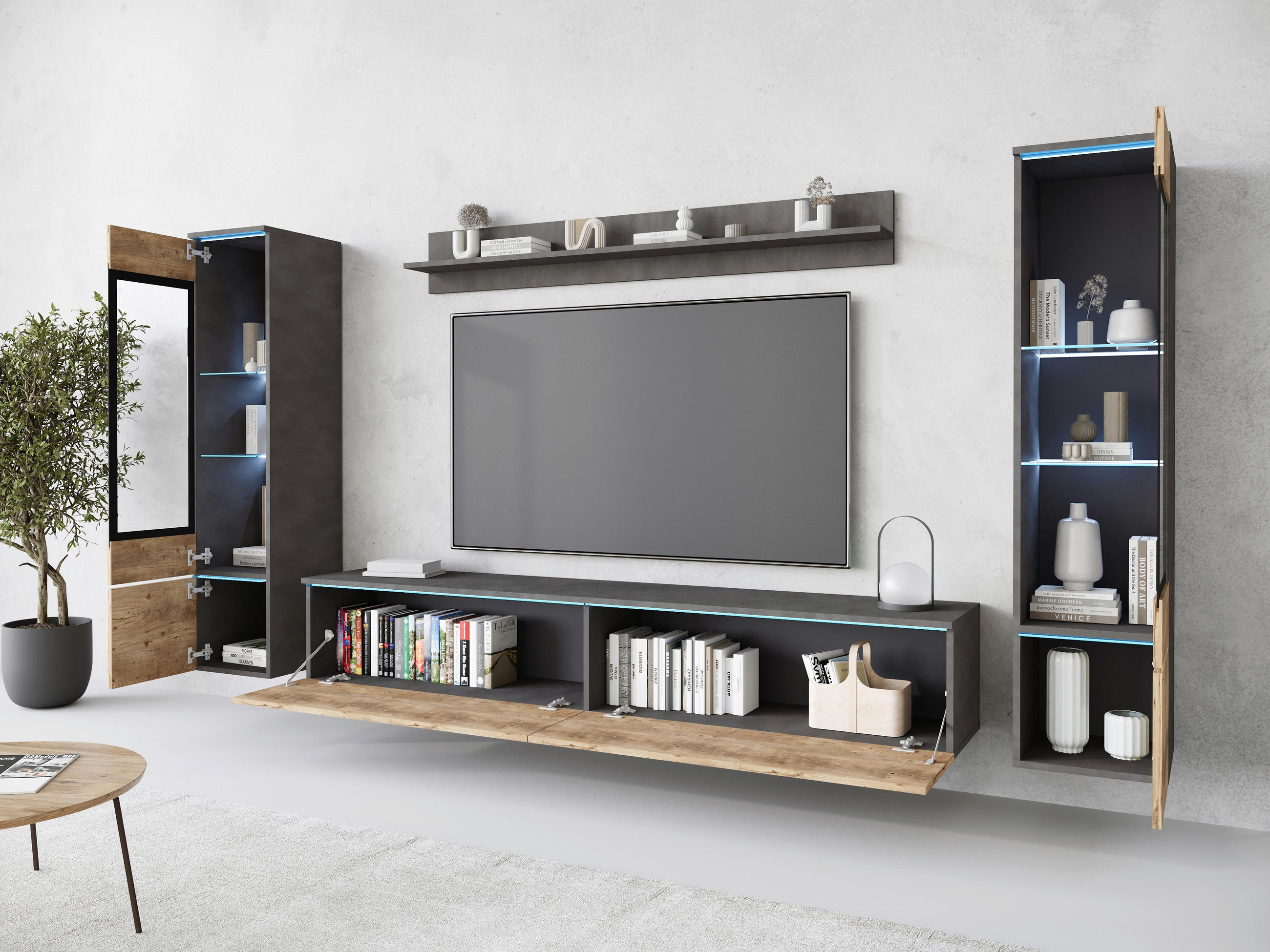 WOHNWAND 4-teilig  in Anthrazit, Kastanieneichefarben 240/130/33 cm  - Kastanieneichefarben/Anthrazit, Trend, Glas/Holzwerkstoff (240/130/33cm)