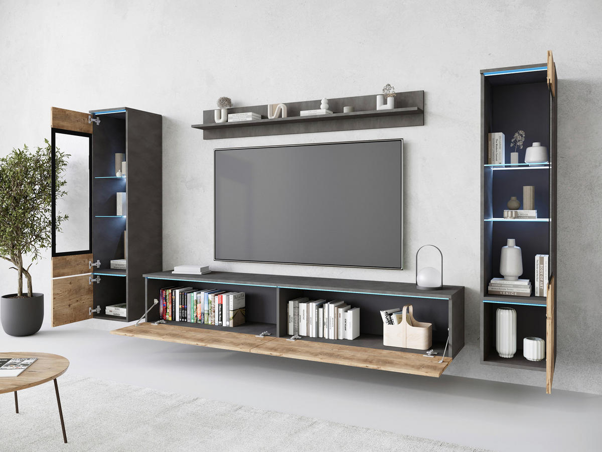 WOHNWAND Vera 4-teilig  in Anthrazit, Kastanieneichefarben  240/130/33 cm  - Kastanieneichefarben/Anthrazit, Trend, Glas/Holzwerkstoff (240/130/33cm)
