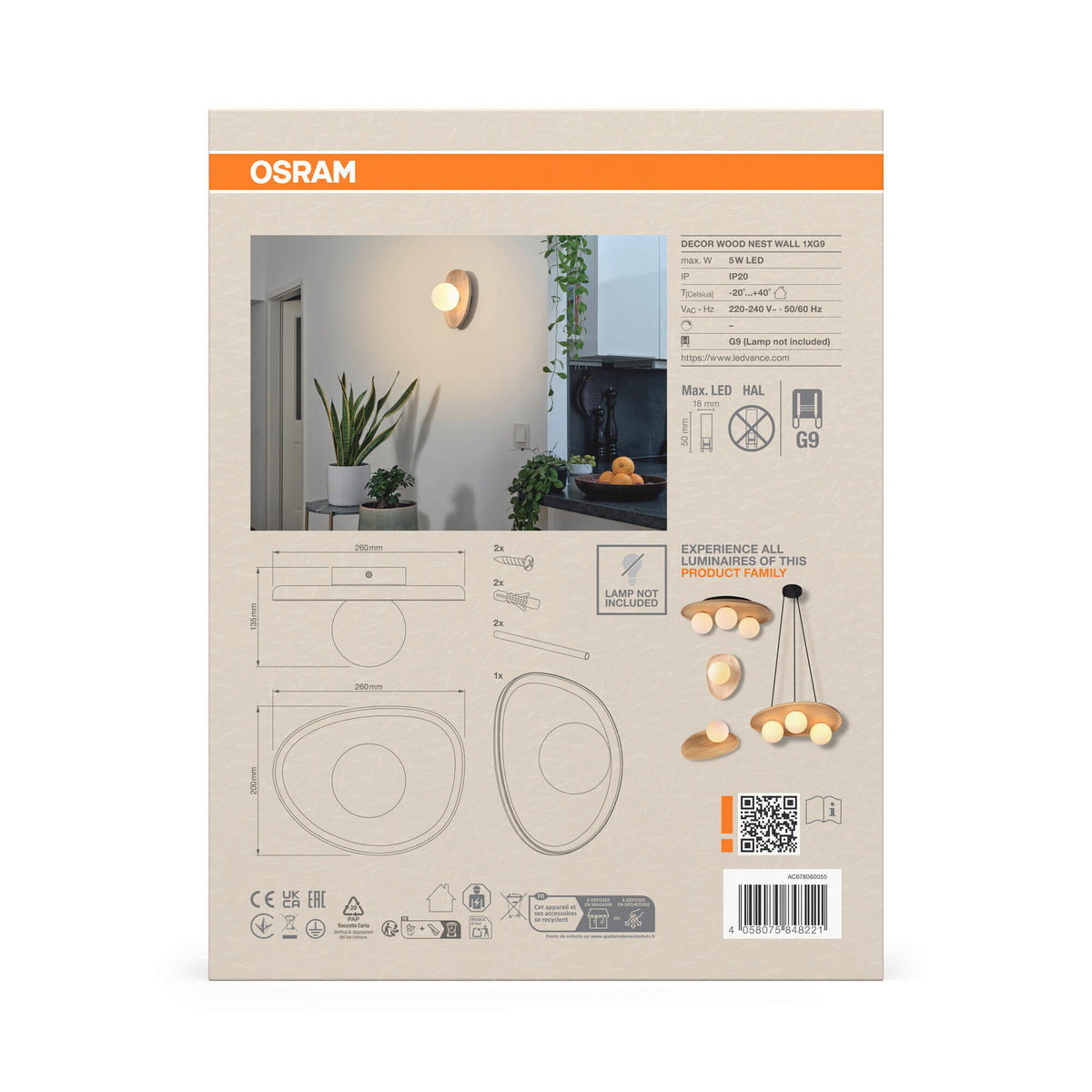 WANDLEUCHTE 20/13,5/26 cm   - Naturfarben, Basics, Glas/Holz (20/13,5/26cm) - Osram