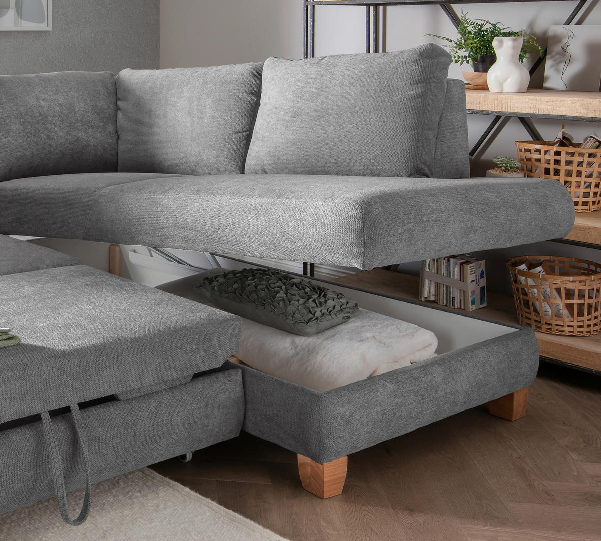 ECKSCHLAFSOFA Chenille Dunkelgrau  - Wildeiche/Dunkelgrau, MODERN, Holz/Textil (261/206cm) - Livetastic