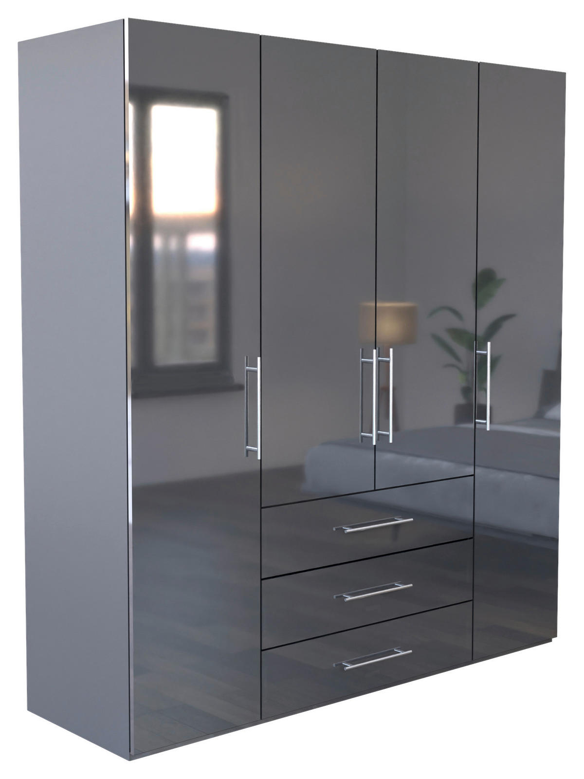 KLEIDERSCHRANK 196/219/59 cm 4-türig Anthrazit, Anthrazit Hochglanz  - Anthrazit/Anthrazit Hochglanz, KONVENTIONELL, Holzwerkstoff/Metall (196/219/59cm) - Carryhome