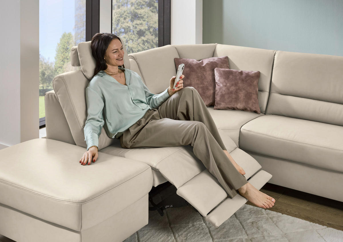 ECKSOFA Echtleder Ecru  - Ecru/Schwarz, Konventionell, Leder/Metall (249/290cm) - Beldomo Premium