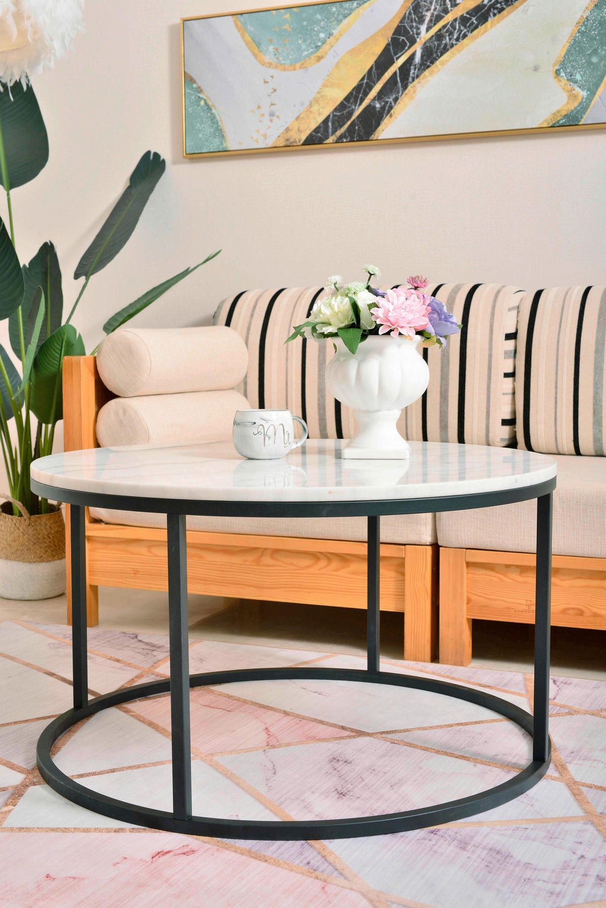 COUCHTISCH 85/85/48 cm rund Schwarz, Weiß  - Schwarz/Weiß, Design, Stein/Metall (85/85/48cm) - MID.YOU