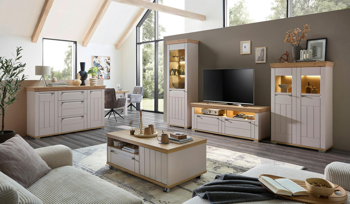 WOHNWAND  Kaschmir, Eiche Artisan 351/208/53 cm  - Kaschmir/Eiche Artisan, Romantik / Landhaus, Glas/Holzwerkstoff (351/208/53cm) - Landscape