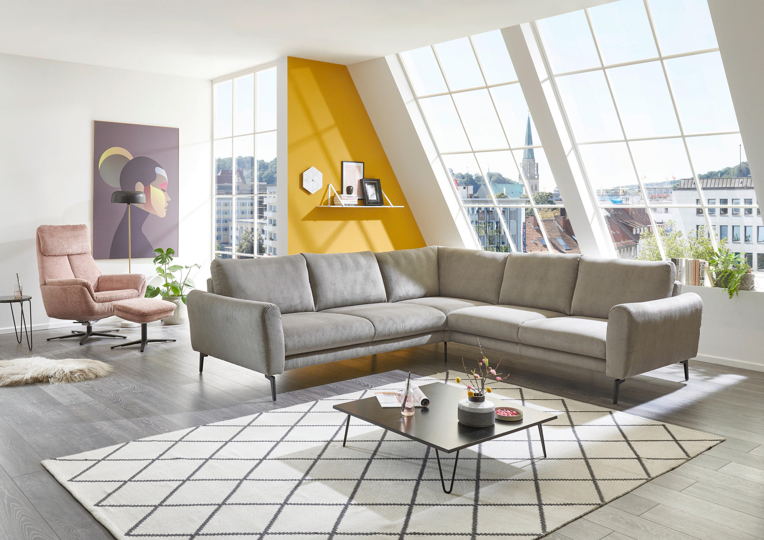 ECKSOFA Grau Velours, Feincord  - Schwarz/Grau, Design, Textil/Metall (280/254cm) - Beldomo Style