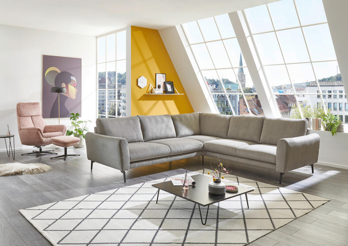 ECKSOFA in Velours, Feincord Grau  - Schwarz/Grau, Design, Textil/Metall (280/254cm) - Beldomo Style