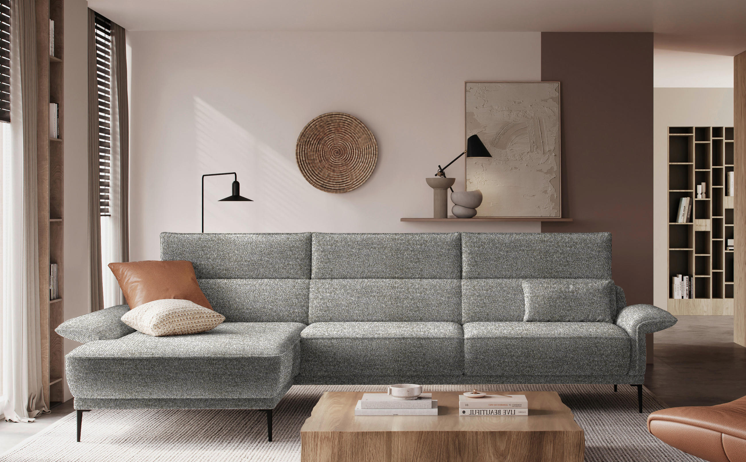 ECKSOFA in Bouclé Grau  - Schwarz/Grau, Modern, Textil/Metall (186/330cm) - Johann Jakob