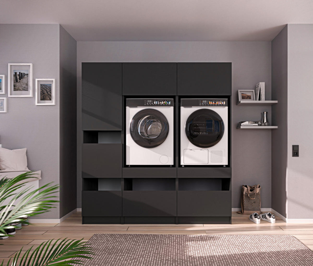 WASCHMASCHINENSCHRANK 68/200/68 cm  in Anthrazit  - Anthrazit/Schwarz, Design, Holzwerkstoff/Metall (68/200/68cm) - Milino