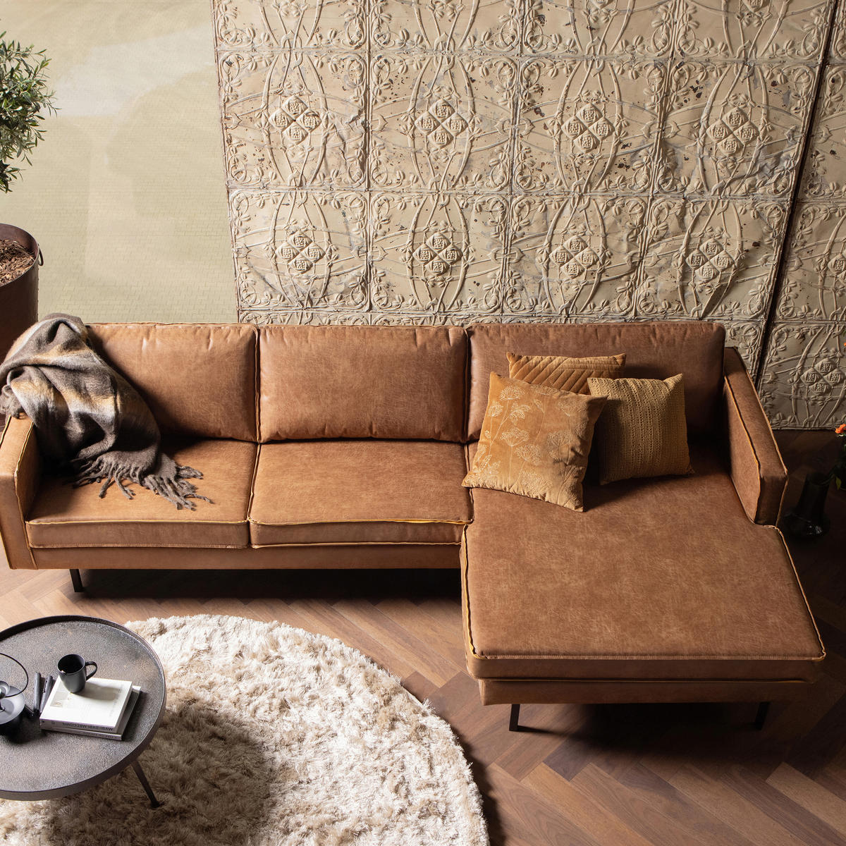 ECKSOFA Rodeo in Echtleder Cognac  300/155 cm  - Cognac/Schwarz, Design, Leder/Textil (300/155cm) - Livetastic
