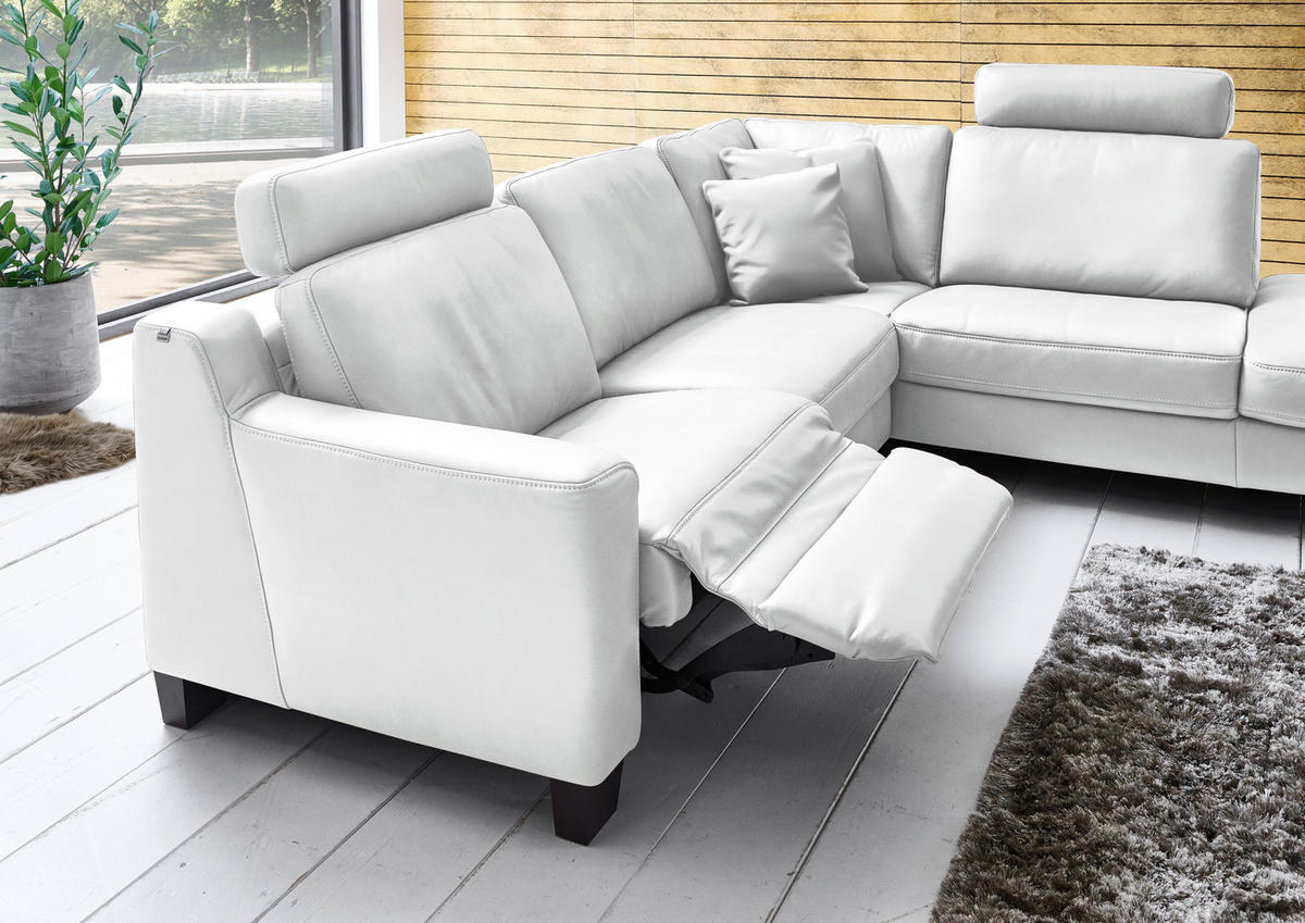 ECKSOFA in Echtleder Weiss  - Weiss/Eichefarben, Design, Leder/Holz (259/235cm) - Valdera