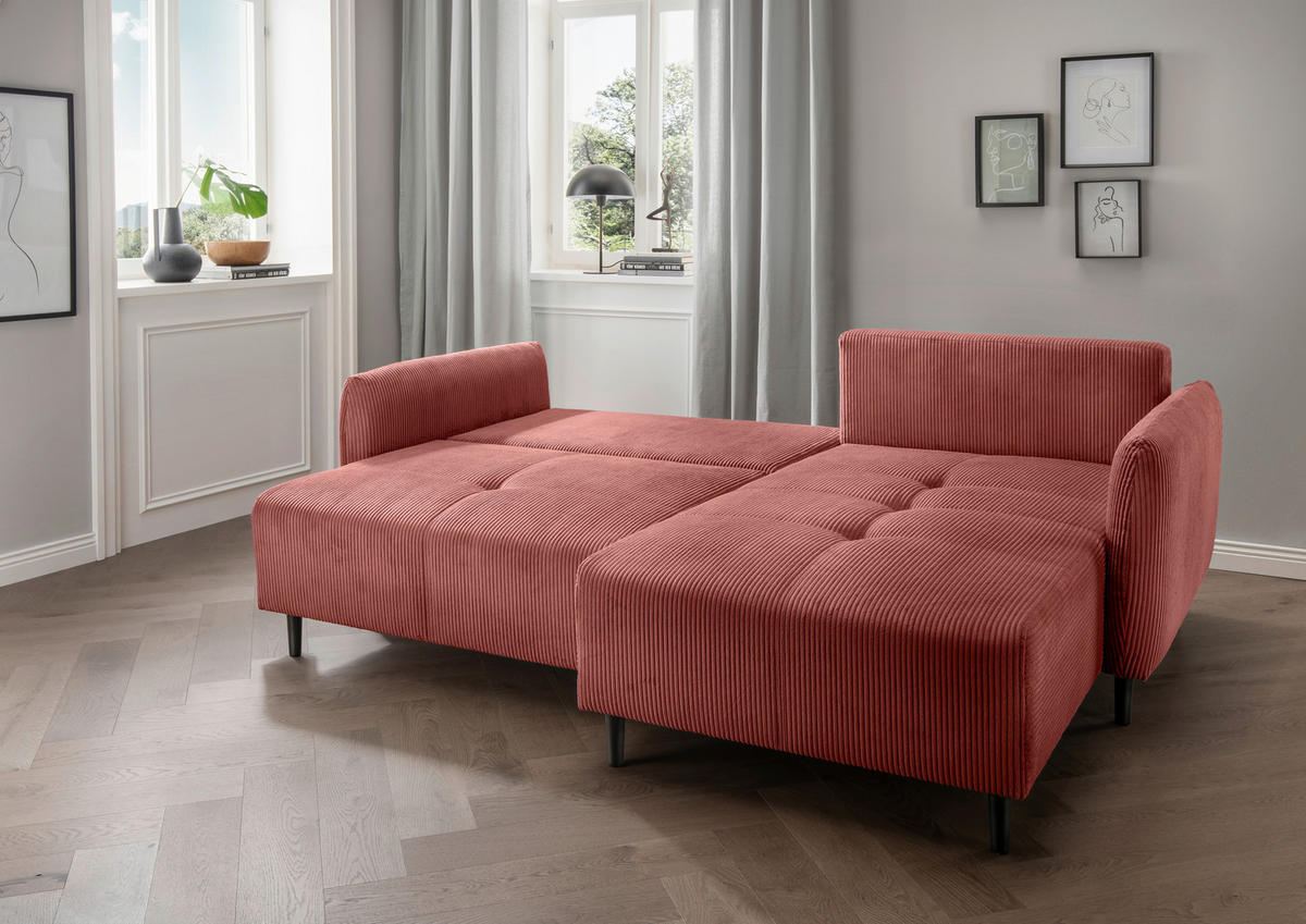 ECKSCHLAFSOFA in Cord Koralle  - Koralle/Schwarz, Basics, Holz/Textil (238/174cm) - Livetastic