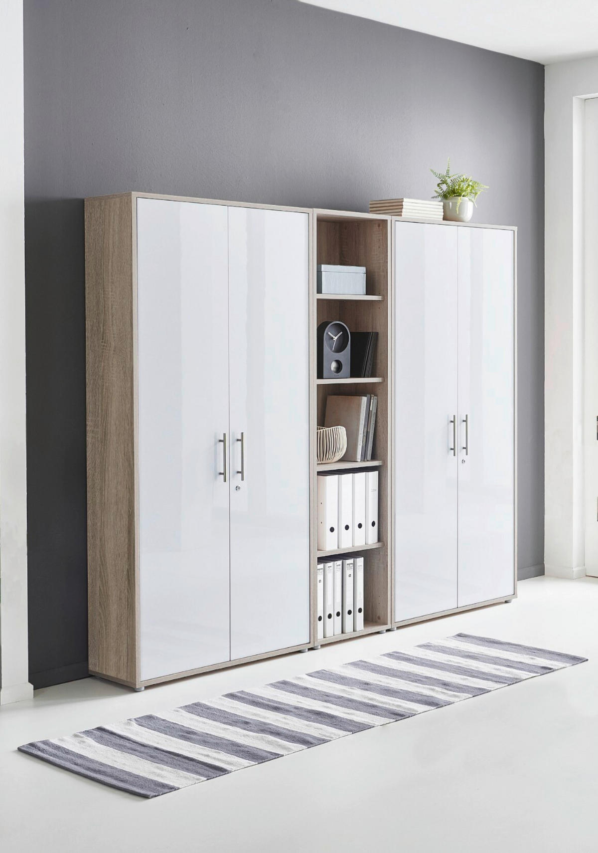 BÜRO erweiterbar, abschließbar Sonoma Eiche, Weiß Hochglanz - Weiß Hochglanz/Sonoma Eiche, MODERN - MID.YOU