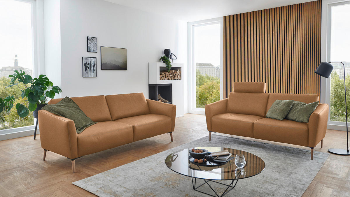 2-SITZER-SOFA  in Echtleder Haselnussfarben   - Eichefarben/Beige, Natur, Leder/Holz (182/86/87cm) - Valnatura