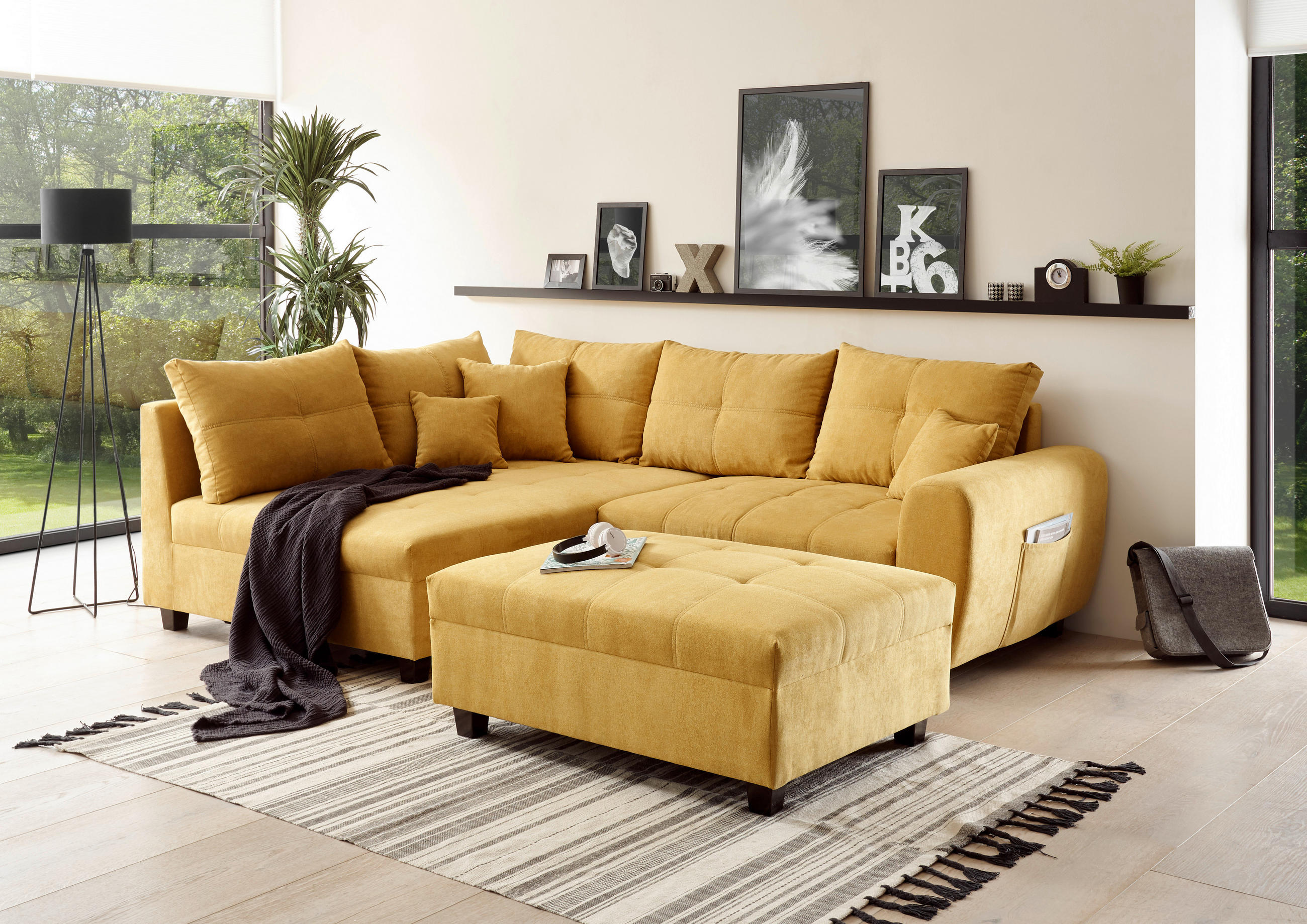 ECKSOFA inkl. Hocker in Mikrovelours Gelb  176/248 cm  - Gelb/Schwarz, Basics, Holzwerkstoff/Kunststoff (176/248cm) - MID.YOU
