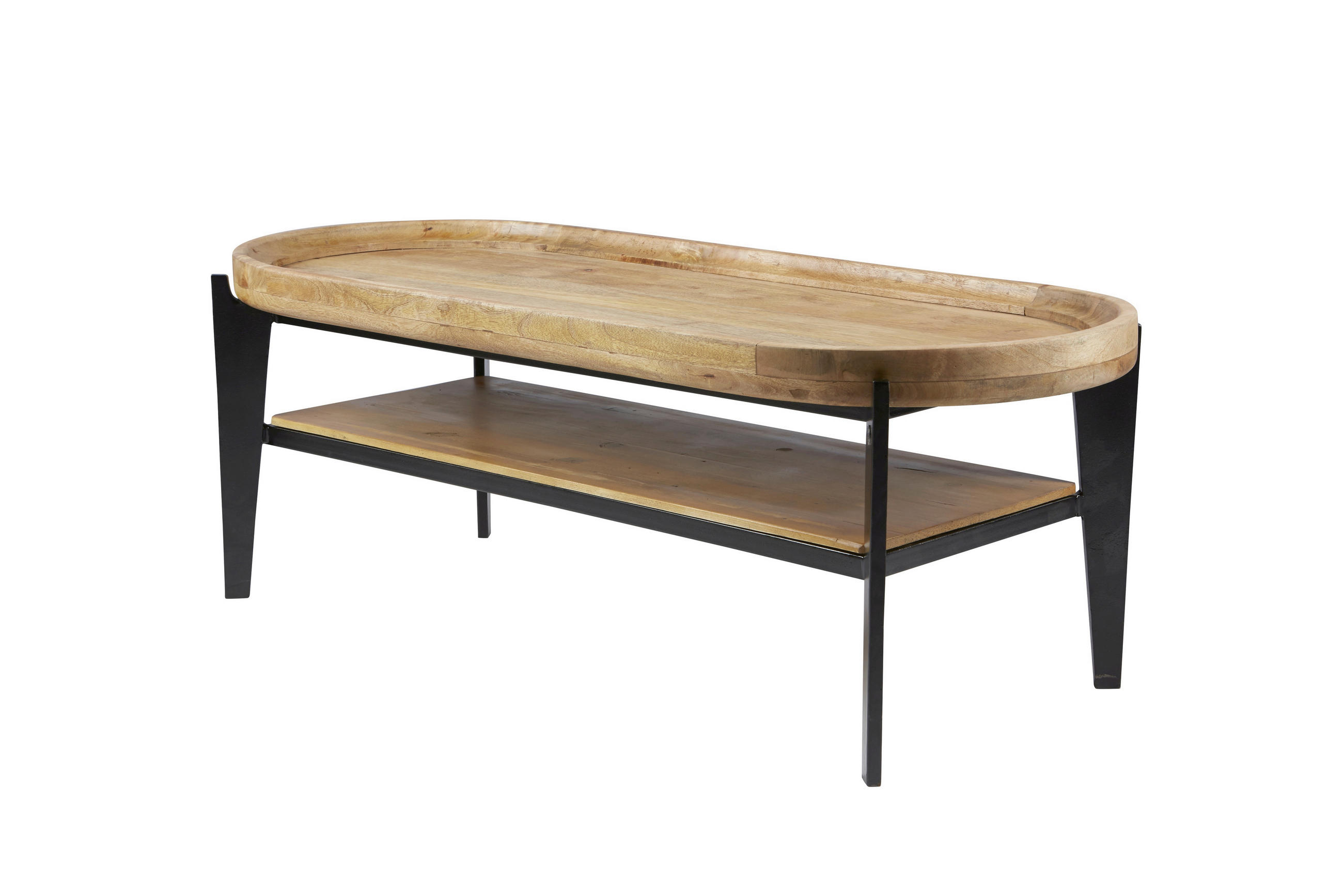 COUCHTISCH Mangoholz massiv 120/50/40 cm oval Naturfarben, Schwarz  - Schwarz/Naturfarben, Design, Holz/Metall (120/50/40cm) - MID.YOU