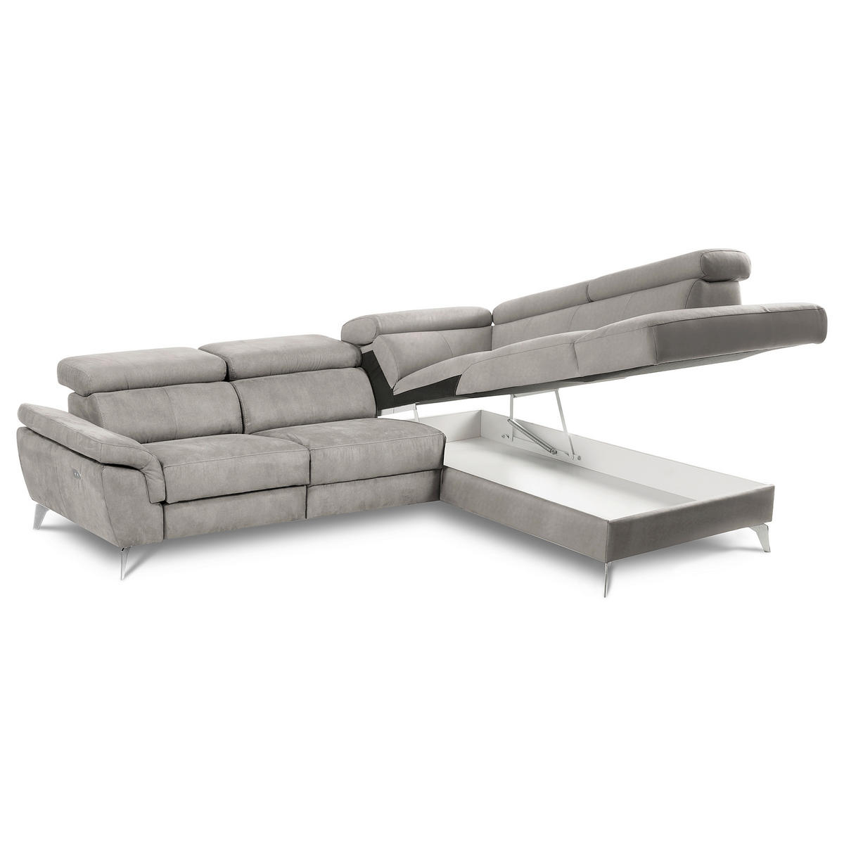 ECKSOFA SONO in Lederlook Grau Bettkasten, Armteilverstellung, Kopfteilverstellung  265/210 cm  - Chromfarben/Grau, Design, Textil/Metall (265/210cm) - Livetastic