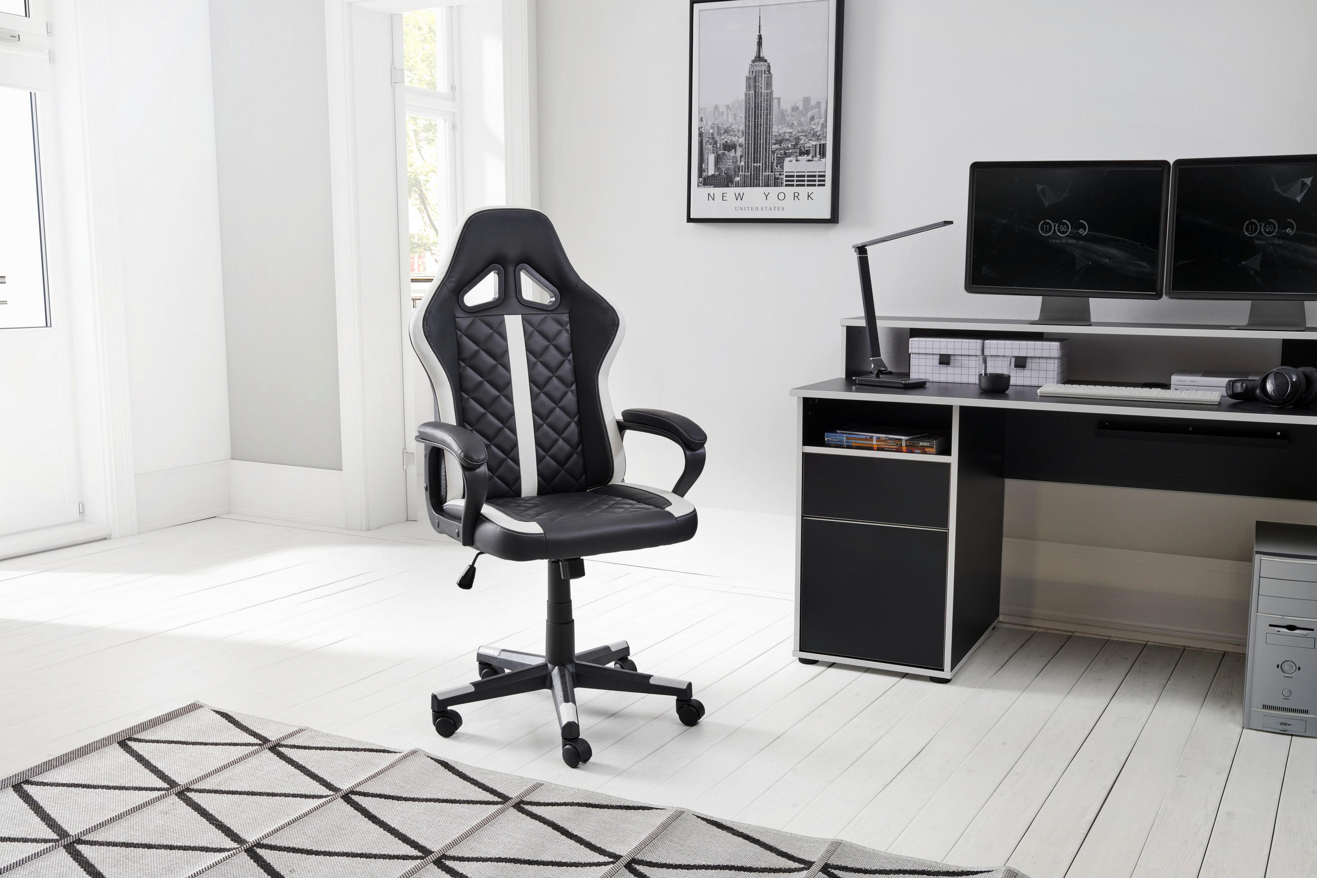 GAMINGSTUHL  in Lederlook Schwarz, Weiß  - Schwarz/Weiß, LIFESTYLE, Kunststoff/Textil (60/114-124/62cm) - MID.YOU