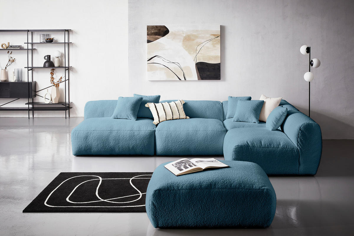 ECKSOFA inkl. Hocker in Flachgewebe, Teddystoff Blau  - Blau, Trend, Textil (315/235cm) - Livetastic