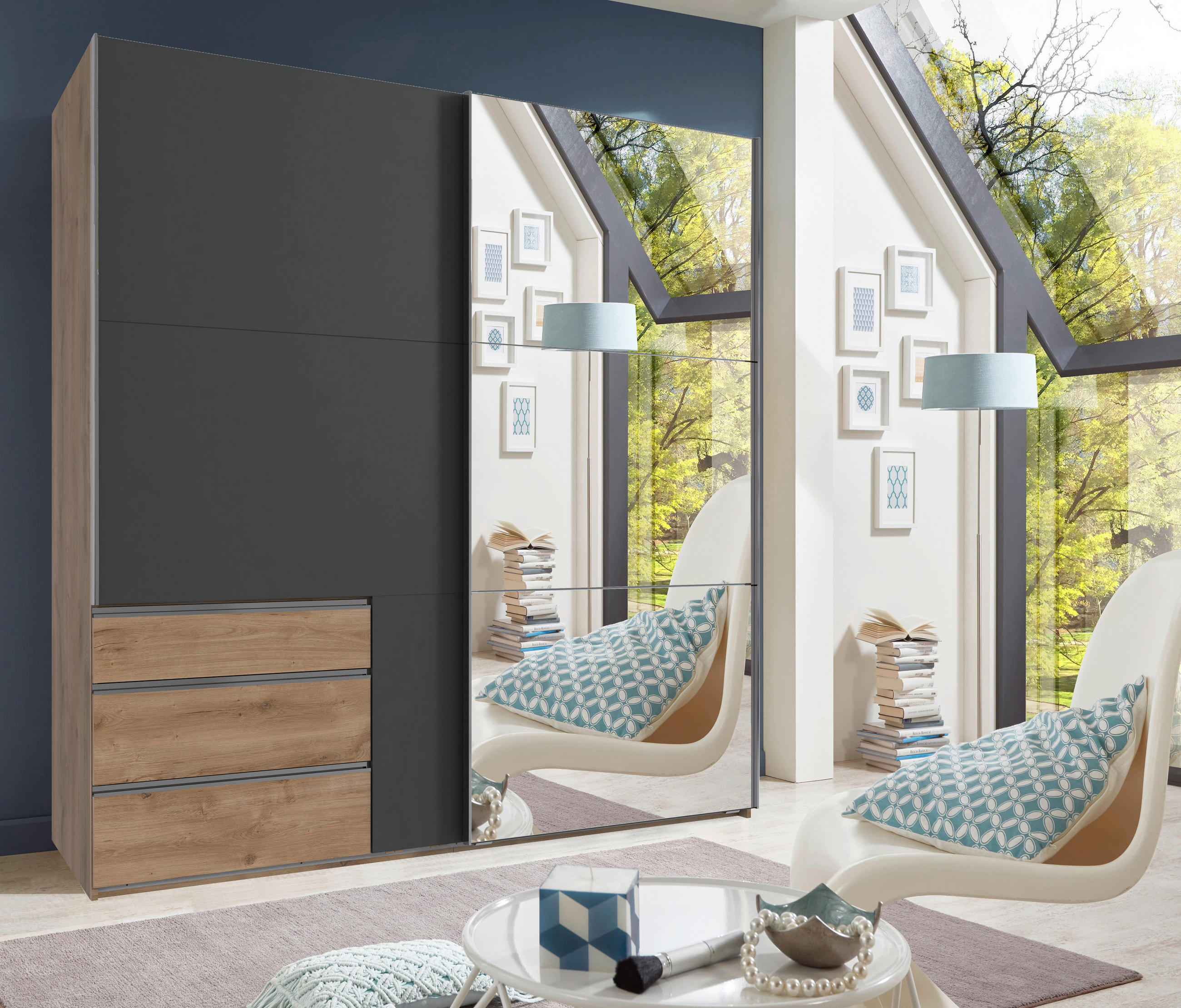 GARDEROB MED SKJUTDÖRRAR 200/216/65 cm 2-dörrar - kromfärg/grafitfärgad, Modern, metall/trämaterial (200/216/65cm) - MID.YOU