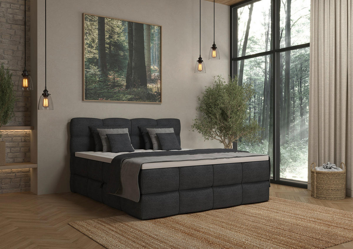 BOXSPRINGBETT 180/200 cm,  in Dunkelgrau, gepolstertes Kopfteil, Bettkasten, Topper, Matratzen, H3 + H3 = fest  - Dunkelgrau/Schwarz, Design, Kunststoff/Textil (180/200cm) - Chameo