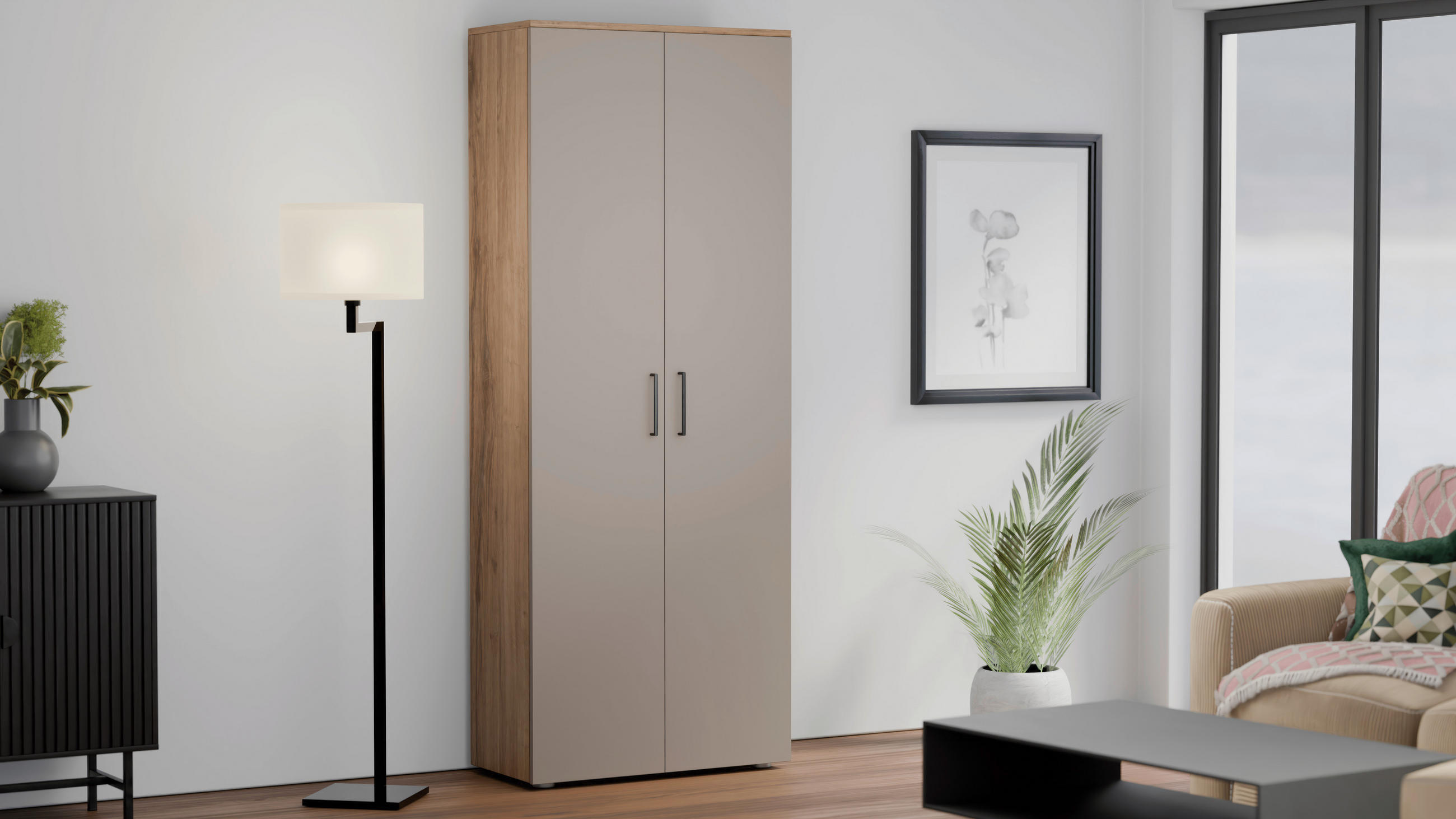 SCHUHSCHRANK Grau, Eichefarben - Eichefarben/Silberfarben, Basics, Holzwerkstoff/Kunststoff (80/200/38cm) - Moderano