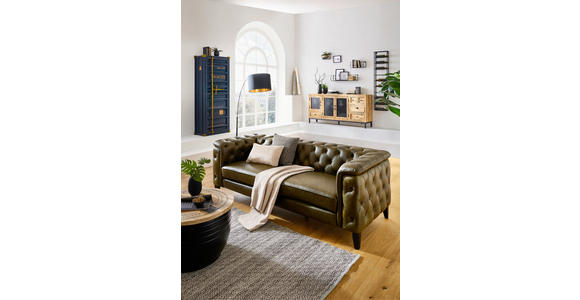 CHESTERFIELD-SOFA  in Echtleder Grün  - Schwarz/Grün, LIFESTYLE, Leder/Holz (220/77/91cm) - Ambia Home