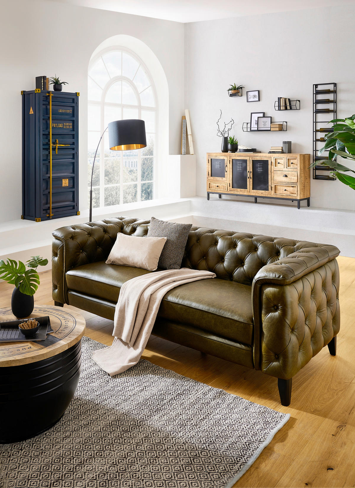 CHESTERFIELD-SOFA  in Echtleder Grün  - Schwarz/Grün, LIFESTYLE, Leder/Holz (220/77/91cm) - Ambia Home