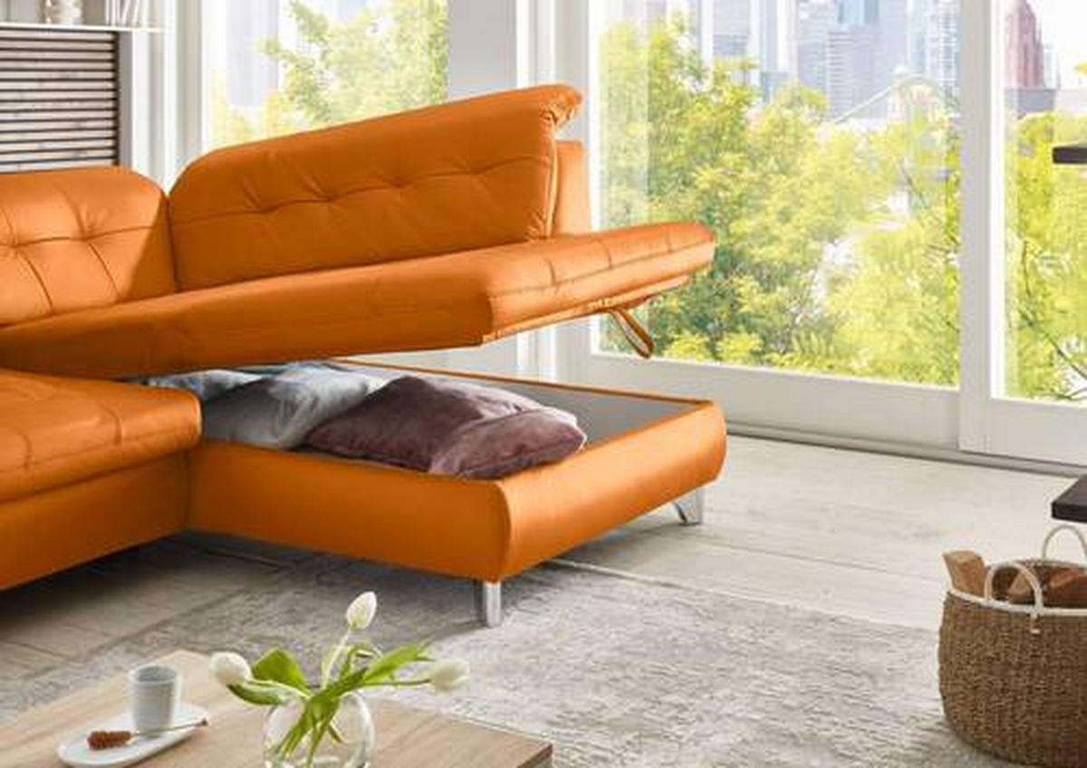 ECKSOFA in Echtleder Orange  - Alufarben/Orange, Design, Leder/Metall (309/211cm) - Beldomo Speed