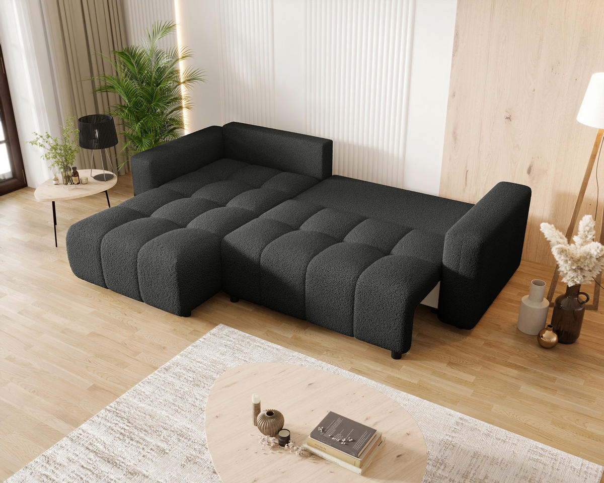 ECKSOFA Dunkelgrau Bouclé Zierkissen, Rückenkissen, Bettkasten, Schlaffunktion, Rücken echt, Liegefläche im Originalstoff  - Dunkelgrau/Schwarz, MODERN, Kunststoff/Textil (190/280cm) - Carryhome