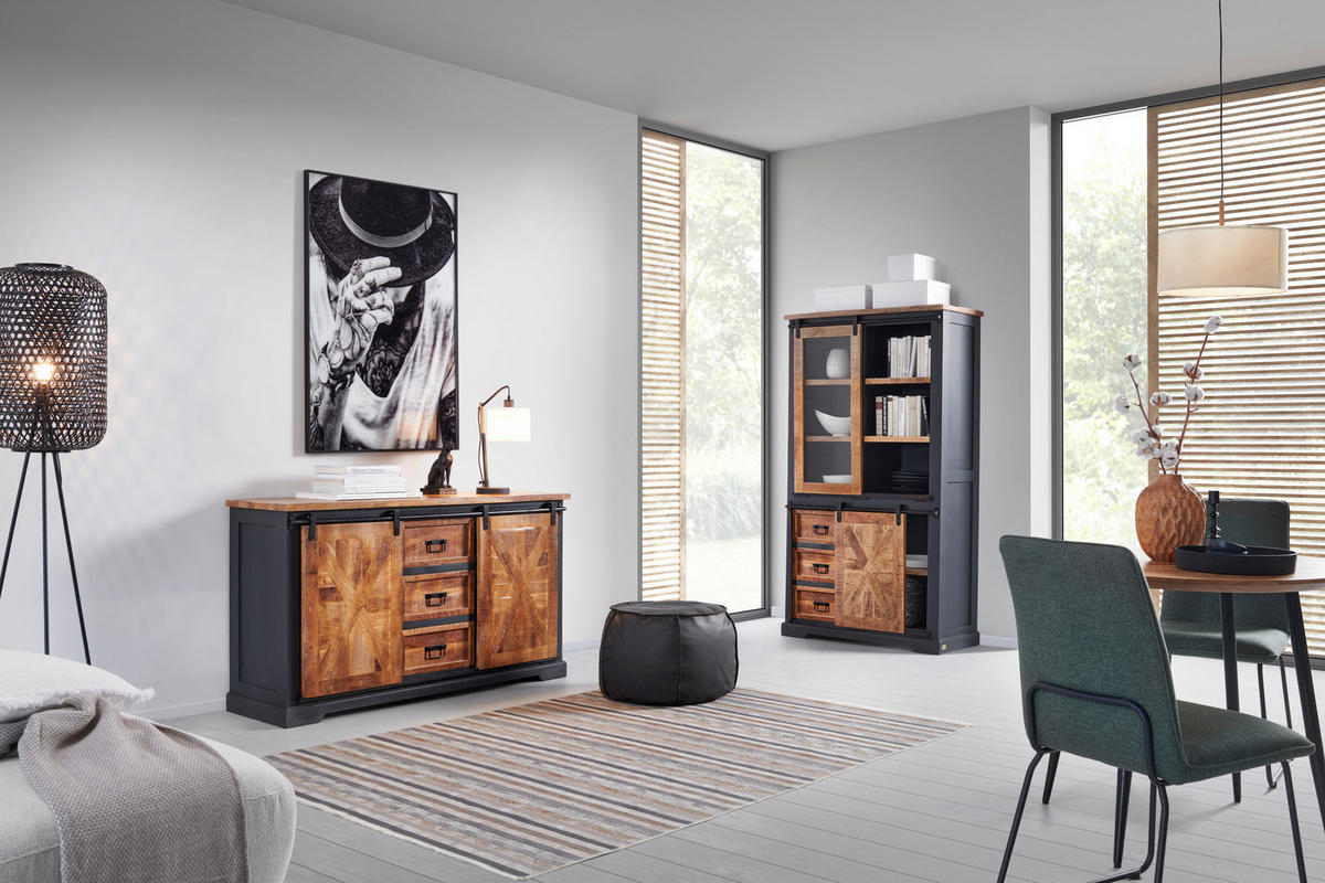 VITRINE  in massiv Mangoholz Schwarz, Grau, Naturfarben - Schwarz/Naturfarben, LIFESTYLE, Holz/Holzwerkstoff (100/180/45cm) - MID.YOU