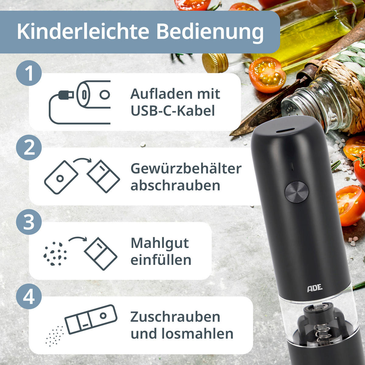 ELEKTR. SALZ-/PFEFFERMÜHLE  - Anthrazit, Basics, Kunststoff/Metall (3,8/3,8/14cm) - ADE