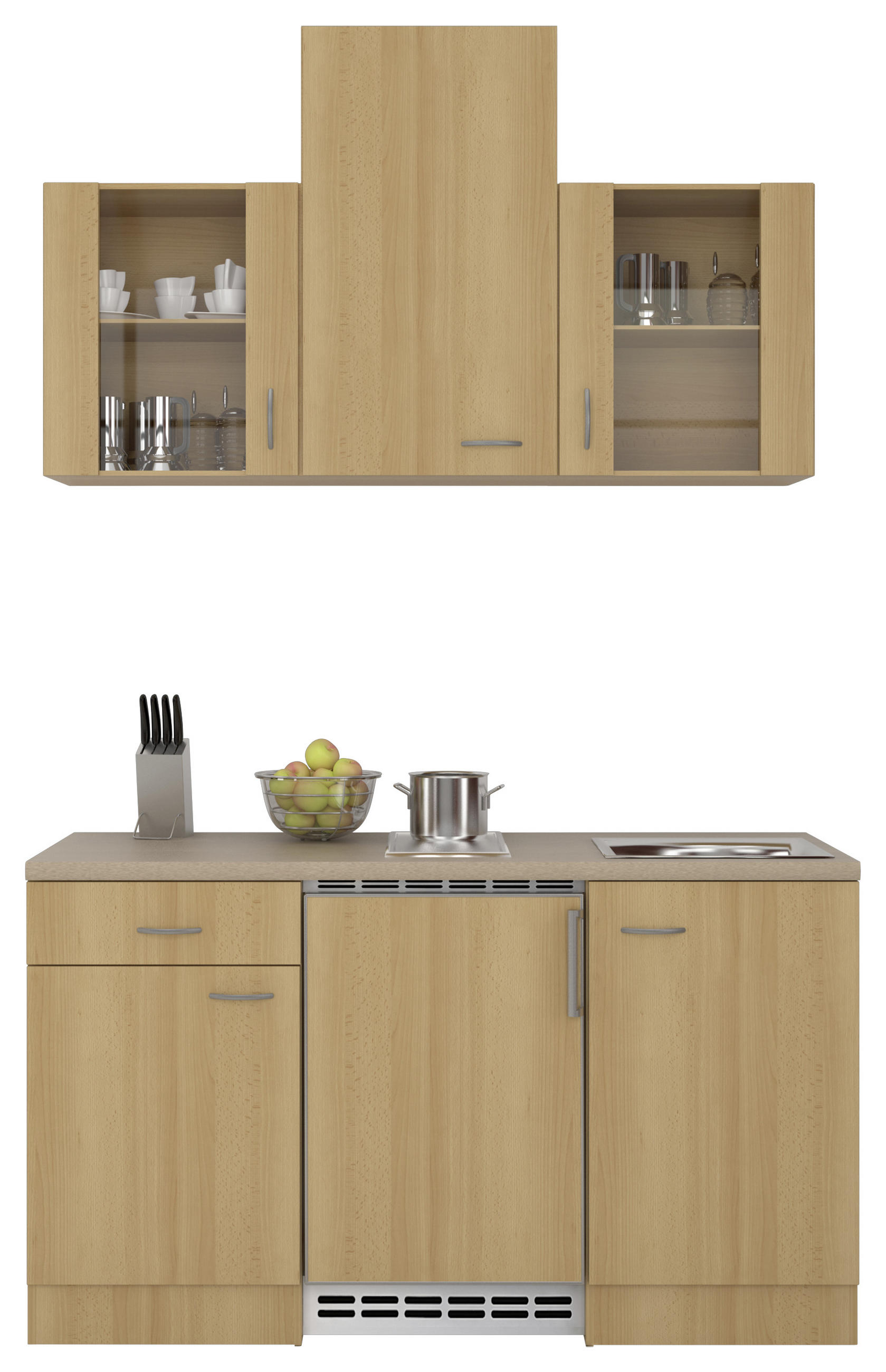 MINIKÜCHE 150 cm in Creme, Buchefarben - Edelstahlfarben/Buchefarben, MODERN, Glas (150cm) - MID.YOU