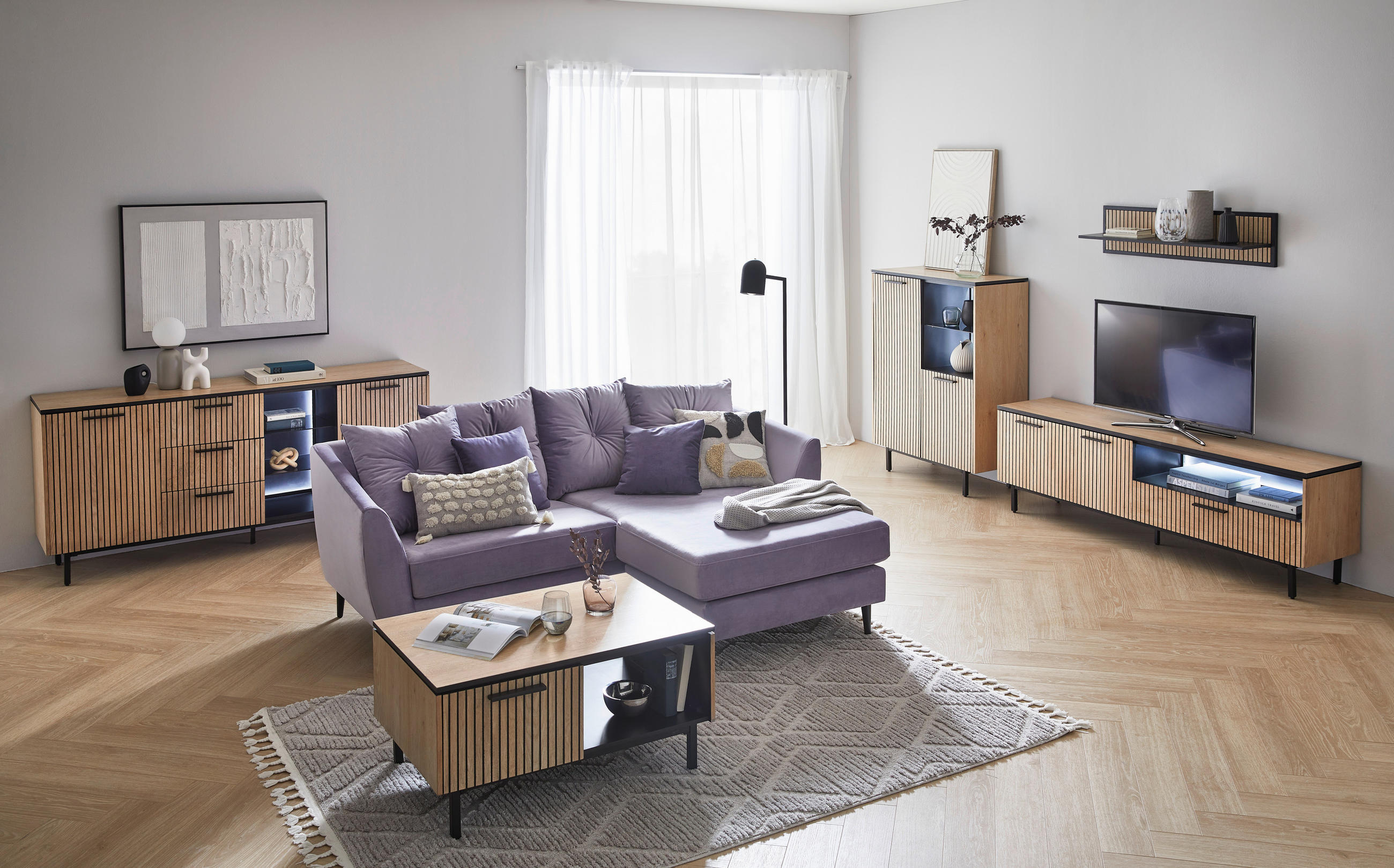 ECKSOFA Lila, Flieder Samt  - Lila/Flieder, KONVENTIONELL, Holz/Textil (210/156cm) - Carryhome