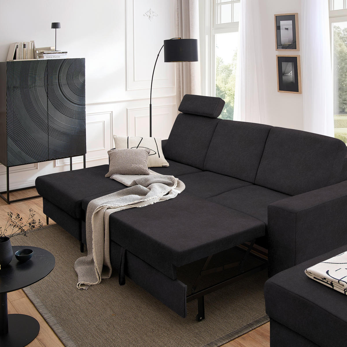 ECKSOFA in Velours Anthrazit  - Anthrazit/Schwarz, Konventionell, Textil/Metall (167/247cm) - Stylife