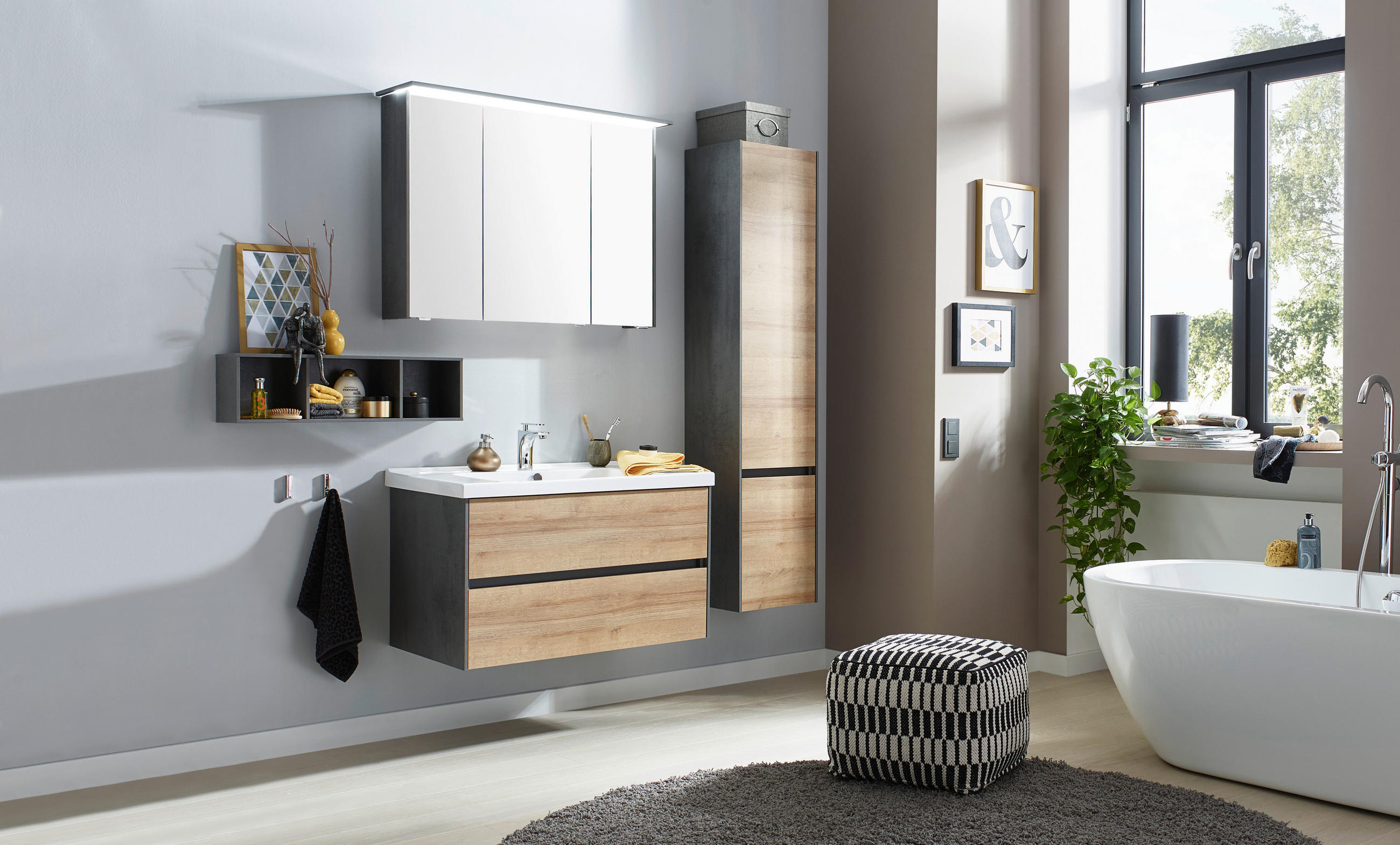 HOCHSCHRANK 37/168/33 cm  - Dunkelgrau/Eichefarben, Design, Glas/Holzwerkstoff (37/168/33cm) - Dieter Knoll