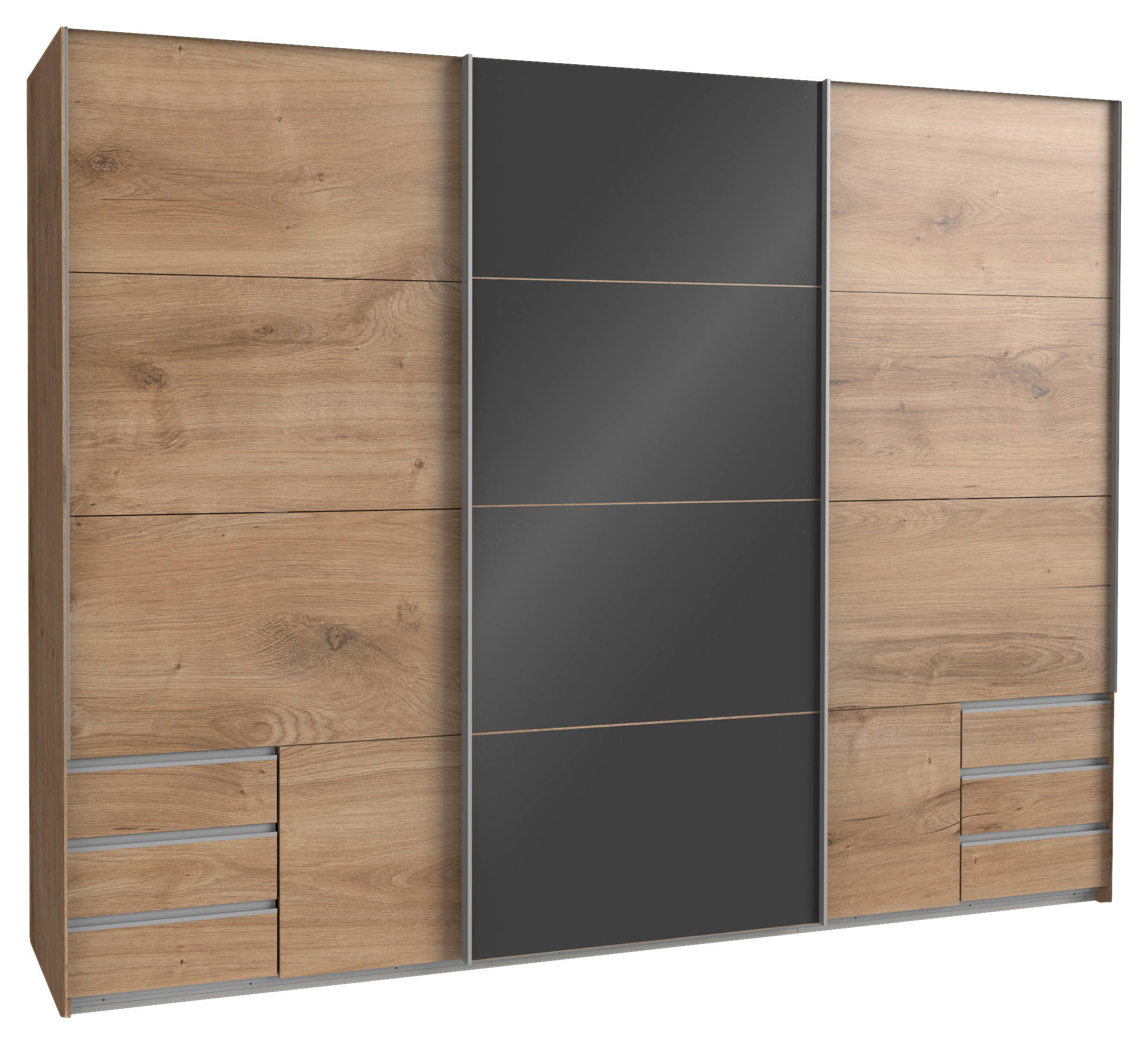 Carryhome Schwebetürenschrank Dunkelgrau, Plankeneiche 270x210x65 cm