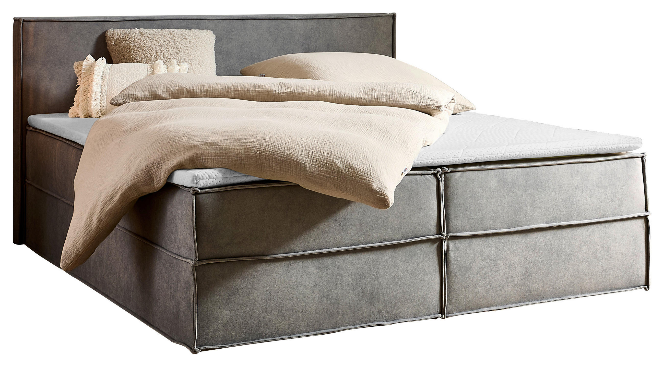 BOXBETT 180/200 cm,  in Hellgrau, Bettkasten, Topper, H3 + H3 = fest  - Hellgrau/Schwarz, Design, Kunststoff/Textil (180/200cm) - Chameo